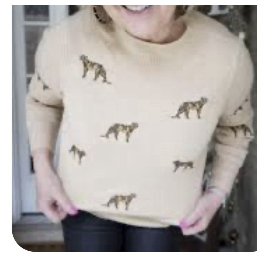 Chico's Leopard  Embroidered Sweater Beige Knits Quiet Luxury Preppy S/M See Pic